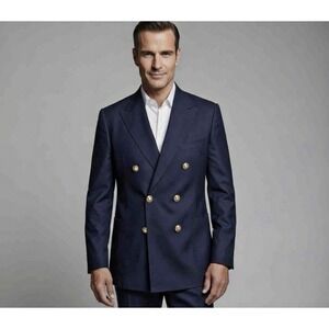 VTG Double Breasted Wool Blazer 48R Gold Button Blue Sport Coat Mitchell Daroff
